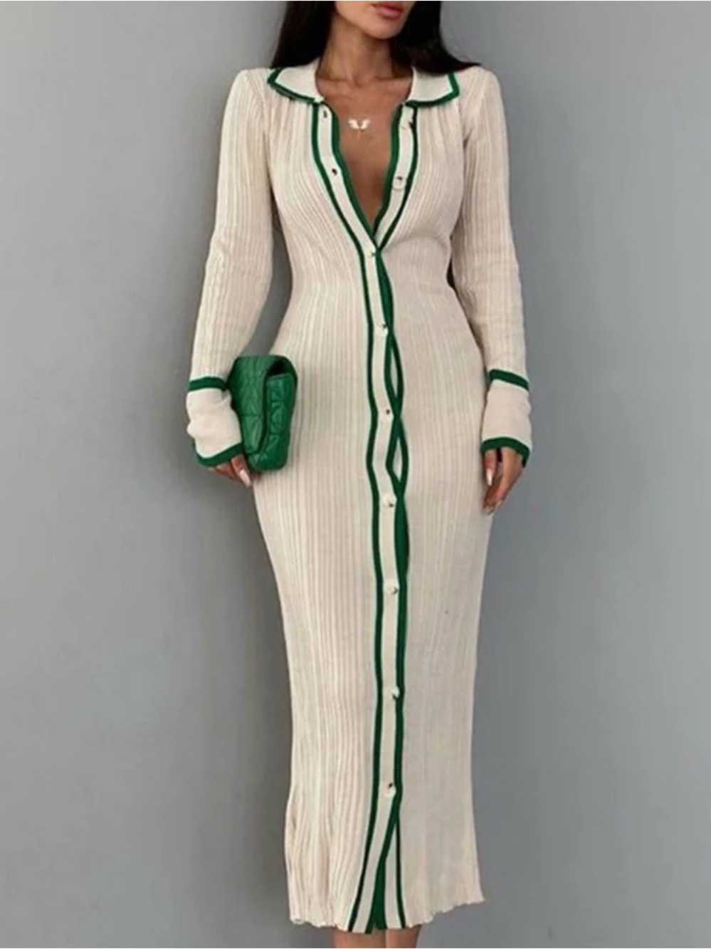 Cream Ribbed Long-Sleeve Maxi Dress with Green Trim